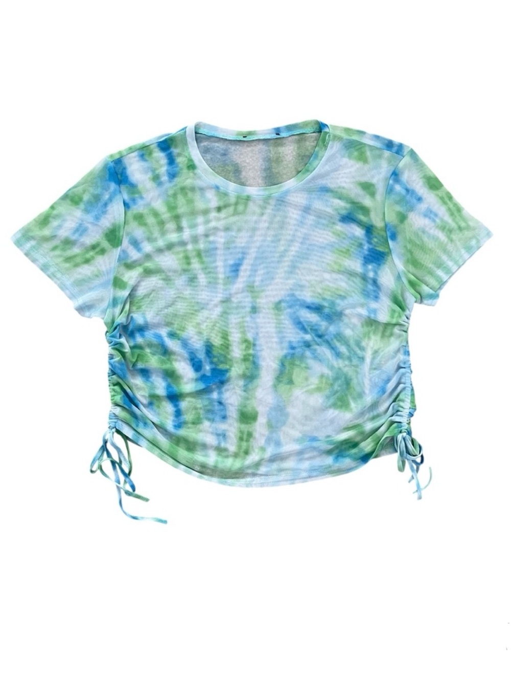 Tie Dye Mesh Crop Top Short Sleeve Stretchy Ruched String Side Sheer Fits Large